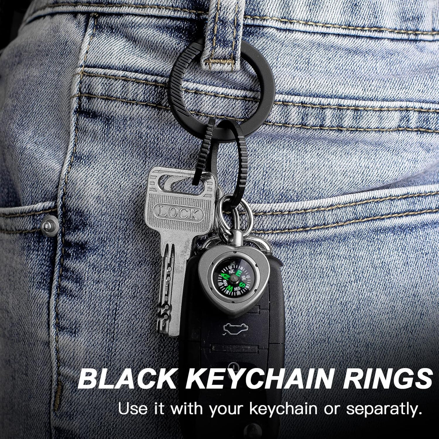 Titanium Keychain Rings, Split Side Pushing Key Rings Heavy Duty Black Key Ring