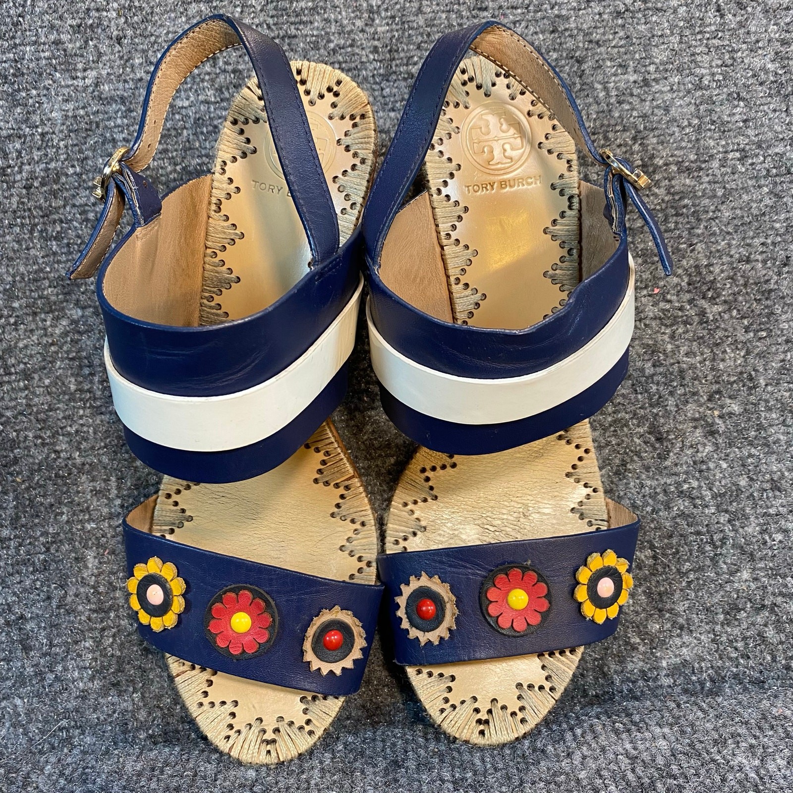 Tory Burch Navy Blue White Womens 8 Flower Calf Marguerite Nautical Sandal Shoes
