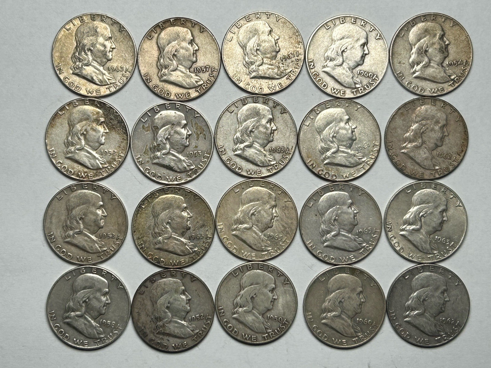 Roll of 20 Franklin Silver Half Dollar Coins 90% Lot Nice Collection!