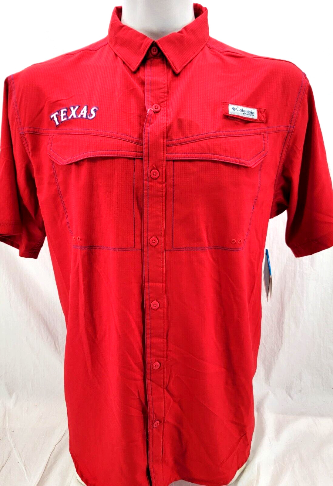 NEW Texas Rangers MLB Red Columbia PFG SS Collared Button Up fishing Shirt Men L