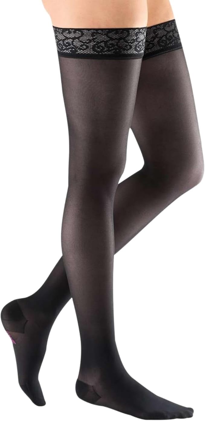 MEDI Sheer & Soft Thigh Highs Silicone Lace Band 8-15mmHg (Ebony) Size: F