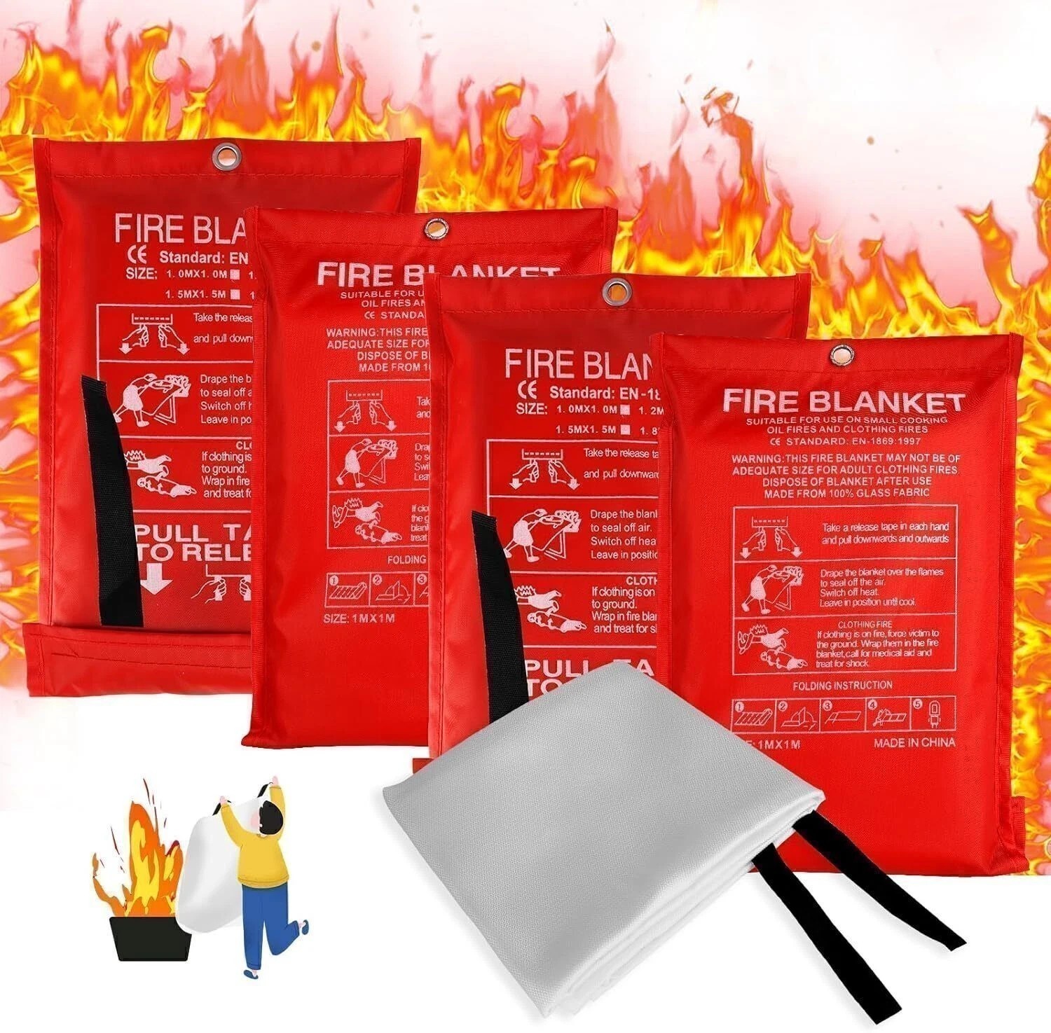 4 PACK FIRE BLANKET Fiberglass Hero 39''x39'' Emergency Home Retardant Prepared