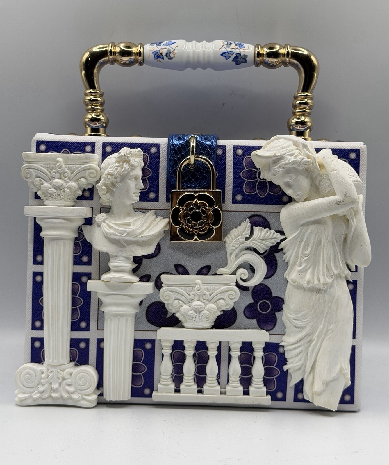 Greek Majolica Print Vinyl Wrap 3D Architectural Box Bag - Boutique Relief Purse