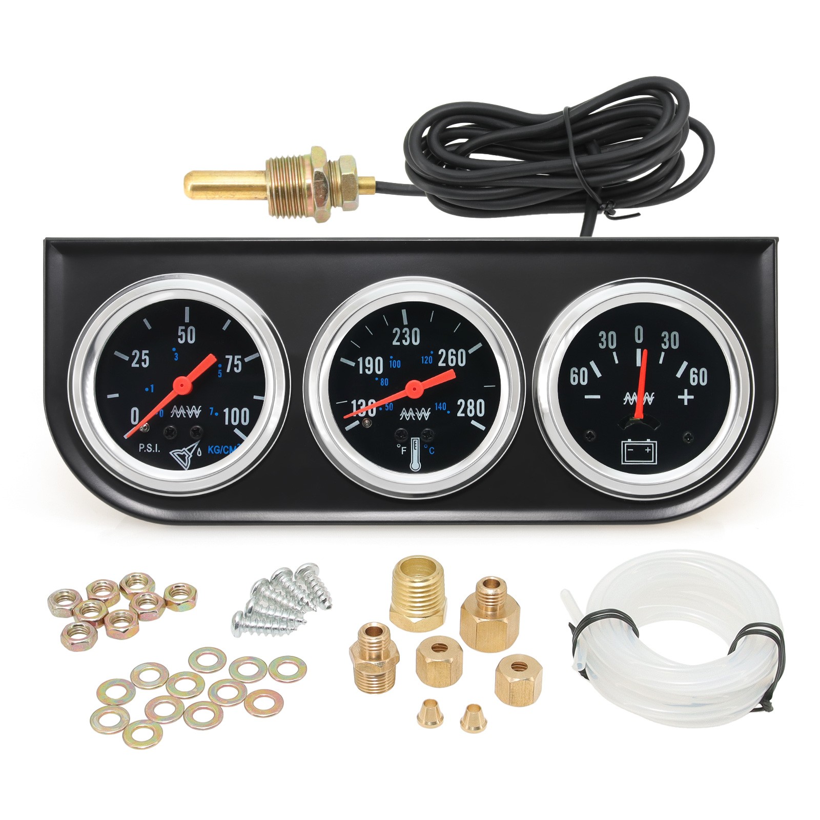 2" 52mm 3-in-1 Auto Car Triple Gauge Set Kit Water Temp Oil Pressure AMP Meter