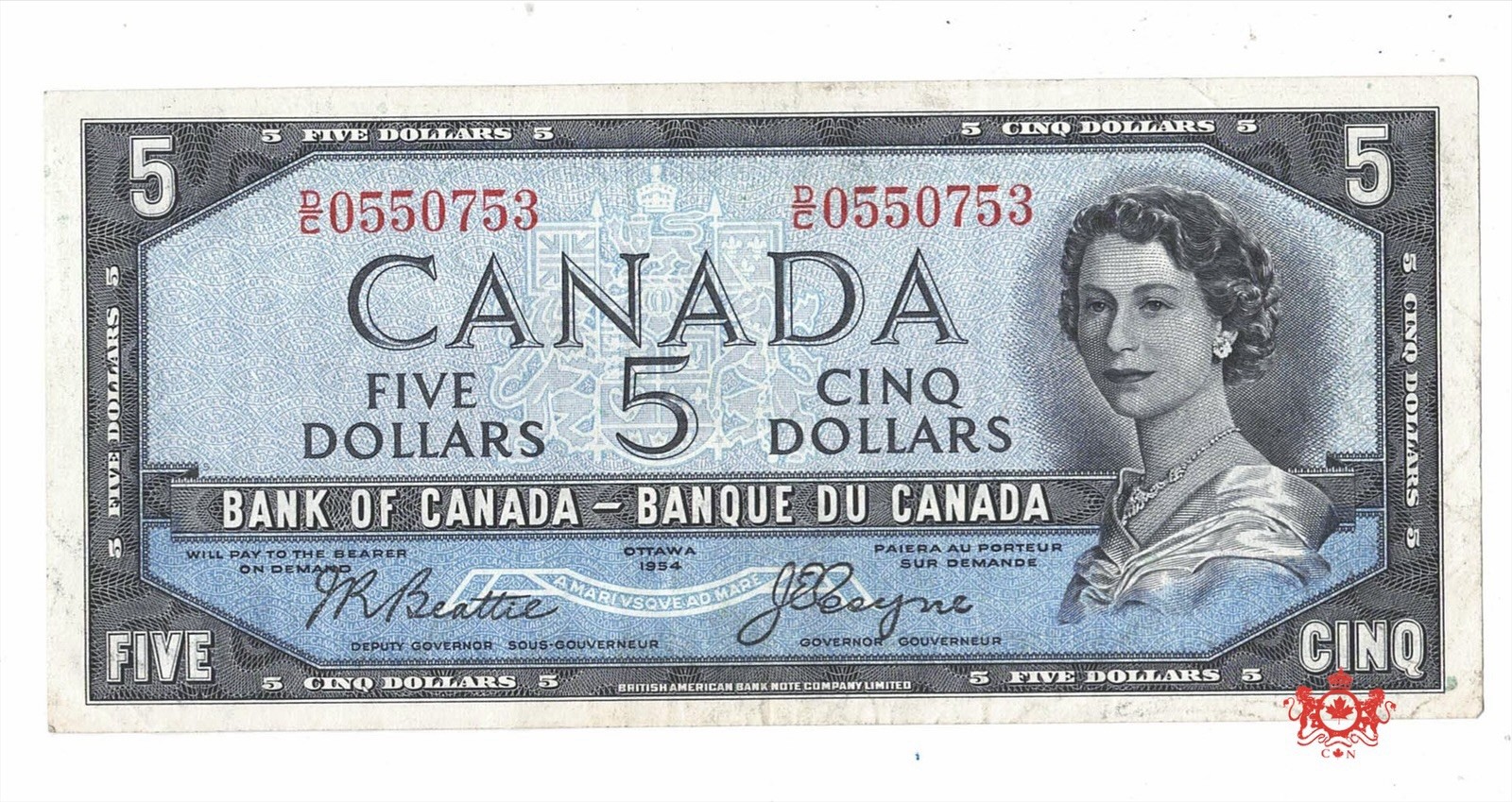 1954 Bank Of Canada 5$ Beattie/Coyne Devil Face D/C0550753 - VF/EF - BC-31b