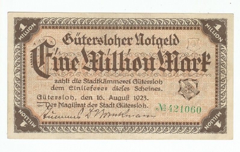 GERMANY BANKNOTE 1 MILLION MARK STADT-GUTERSLOH 1923