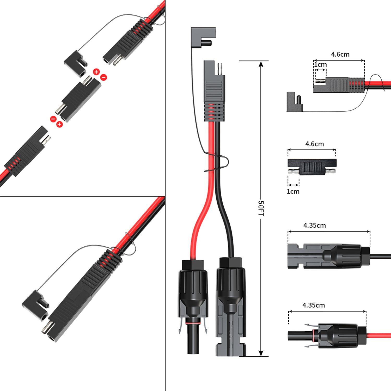 ELFCULB 10AWG 50FT SAE Solar Panel Extension Cable with Polarity Reverse Adapter