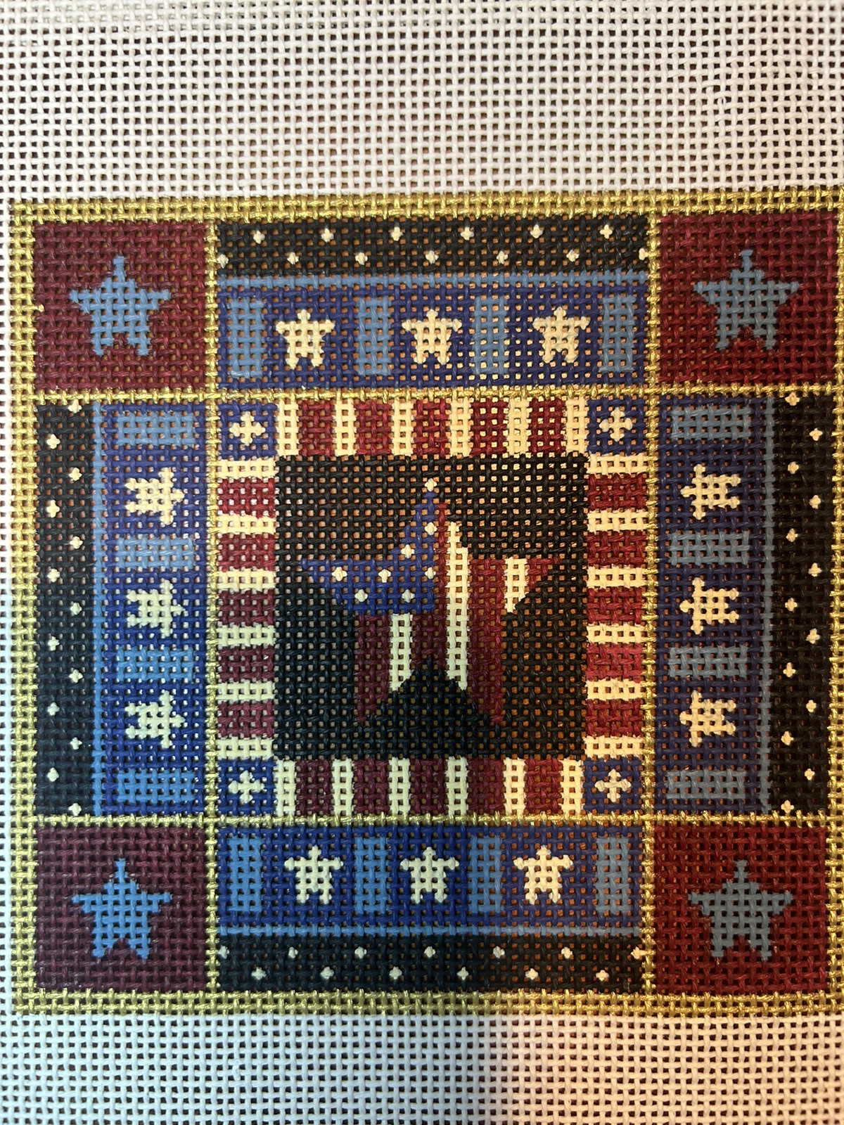 Kelly Clarke Patriotic Stars and 13 Mesh hand painted needlepoint 5.5" x 5.5"