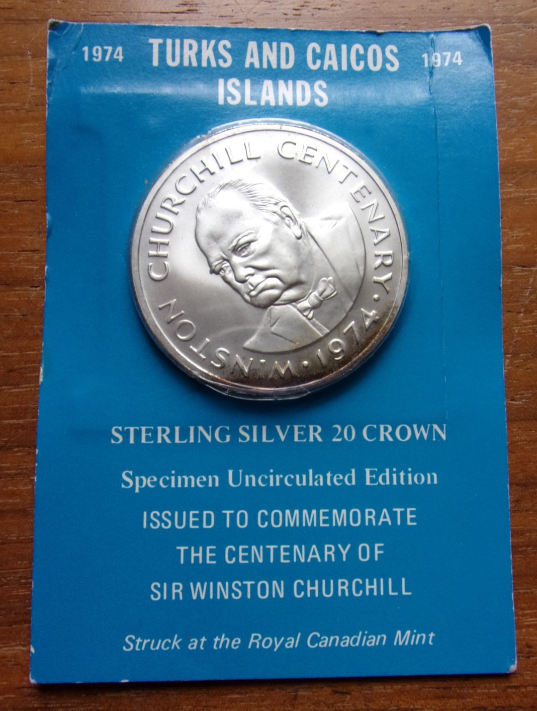1974 TURKS AND CAICOS Churchil STERLING SILVER 20 CROWN