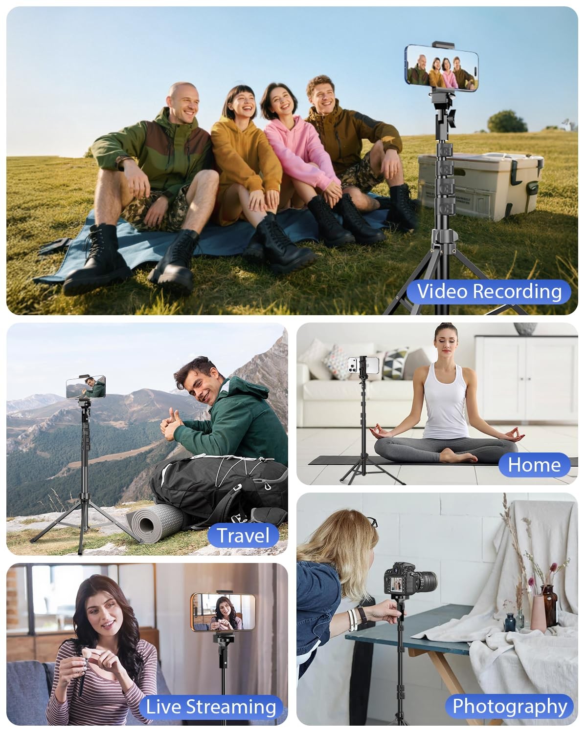 62’’ Cell Phone Tripod Stand, Adjustable Floor Cellphone Tri Pod Holder with ...