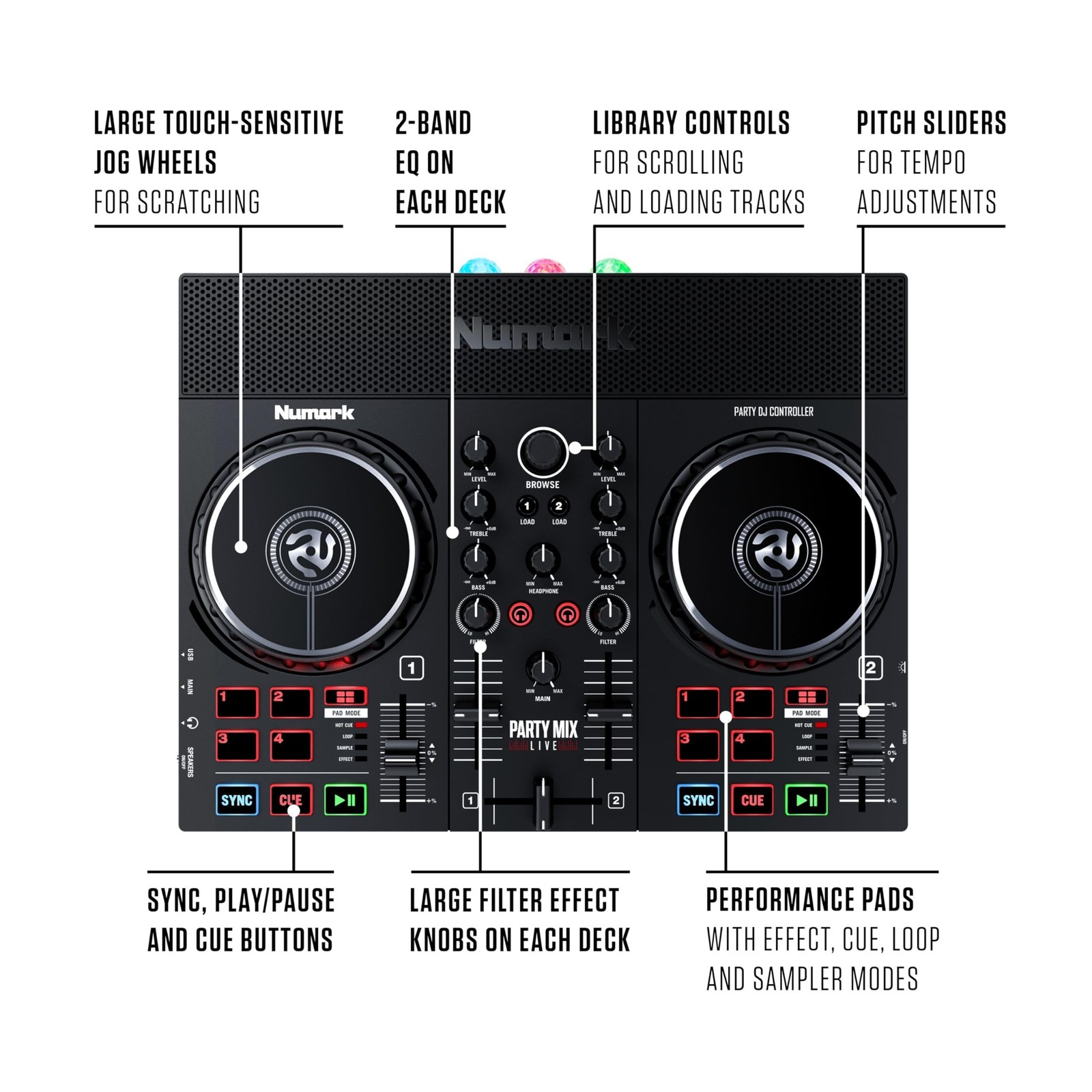 Numark Party Mix Live DJ Controller with Built-in Lights and Speakers | 2-Dec...