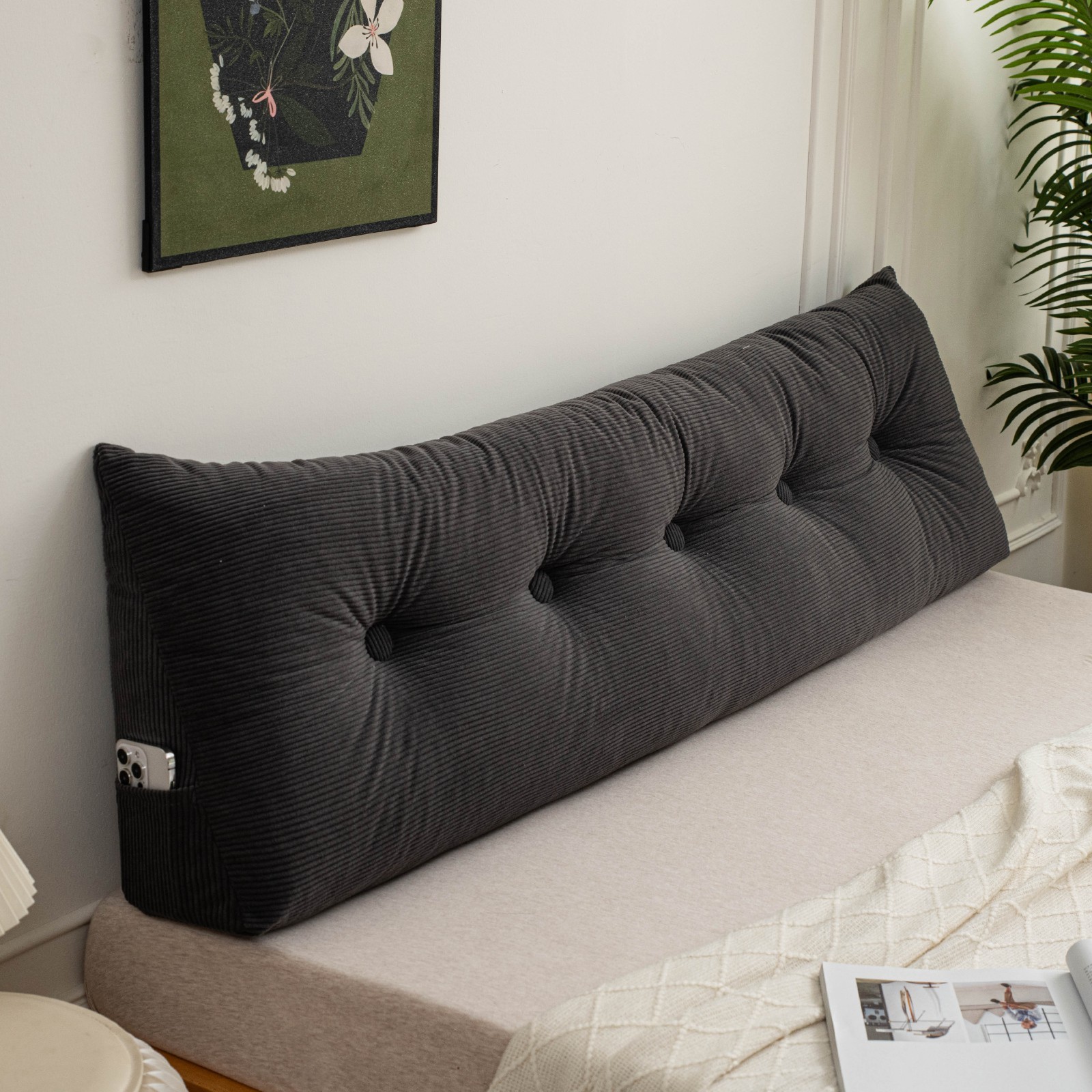 Triangular Headboard Pillows w/Side Pocket Corduroy Wedge Reading Pillow for Bed