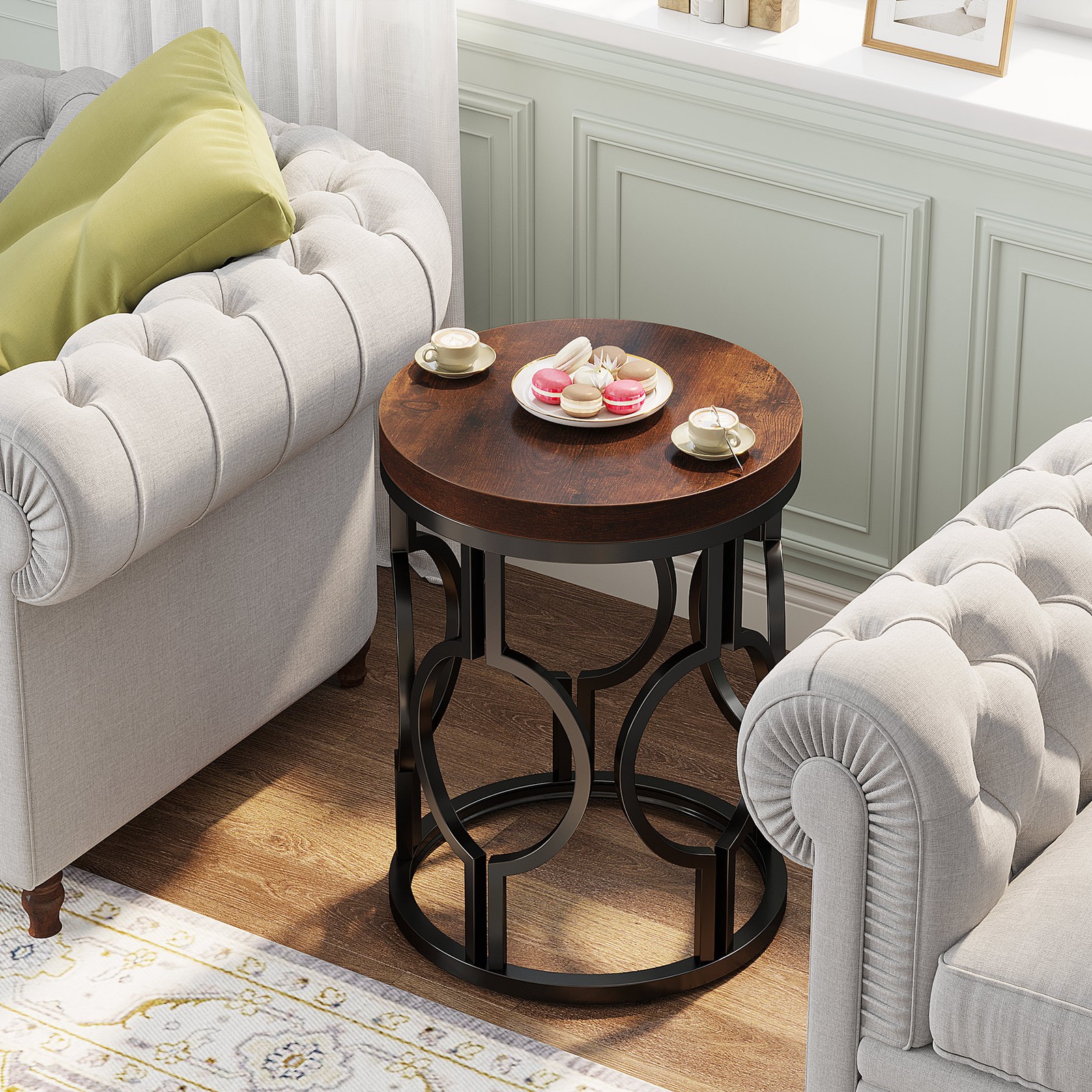 Round End Table, Industrial Side Table Small Bedside Table w/ Metal Hollow Frame