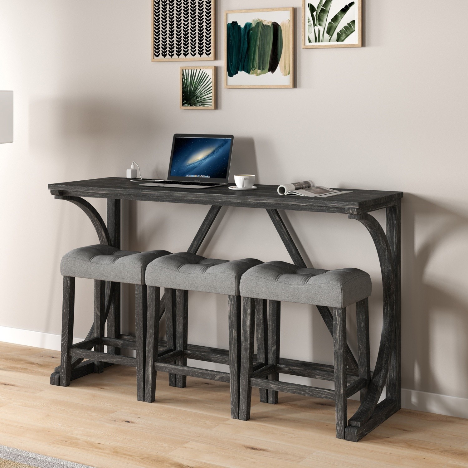 4 Piece Bar Table Set Kitchen Counter Height Table Dining Table w/ 3 Bar Stools