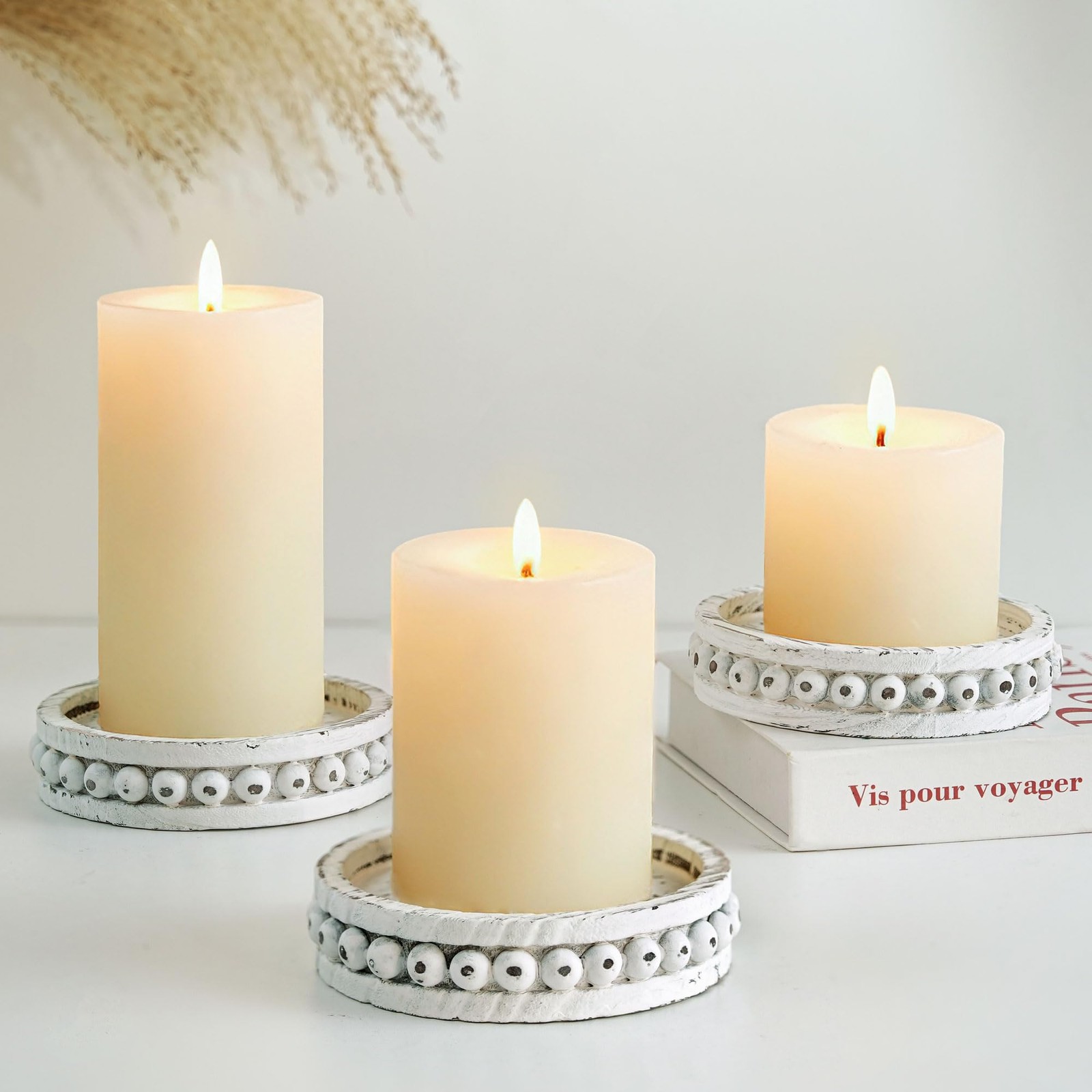 Candle Holder for Pillar Candles: Set of 3 Rustic Farmhouse Wooden Candlestic...