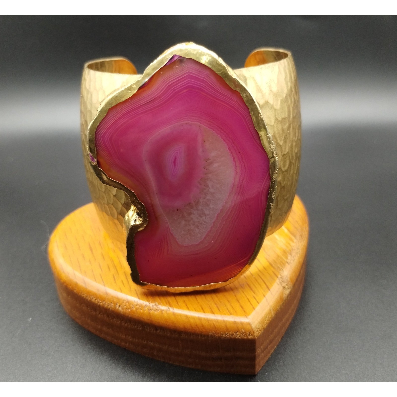Handcrafted Hammered Goldtone Cuff Bracelet Pink Agate Geode Slice Statement