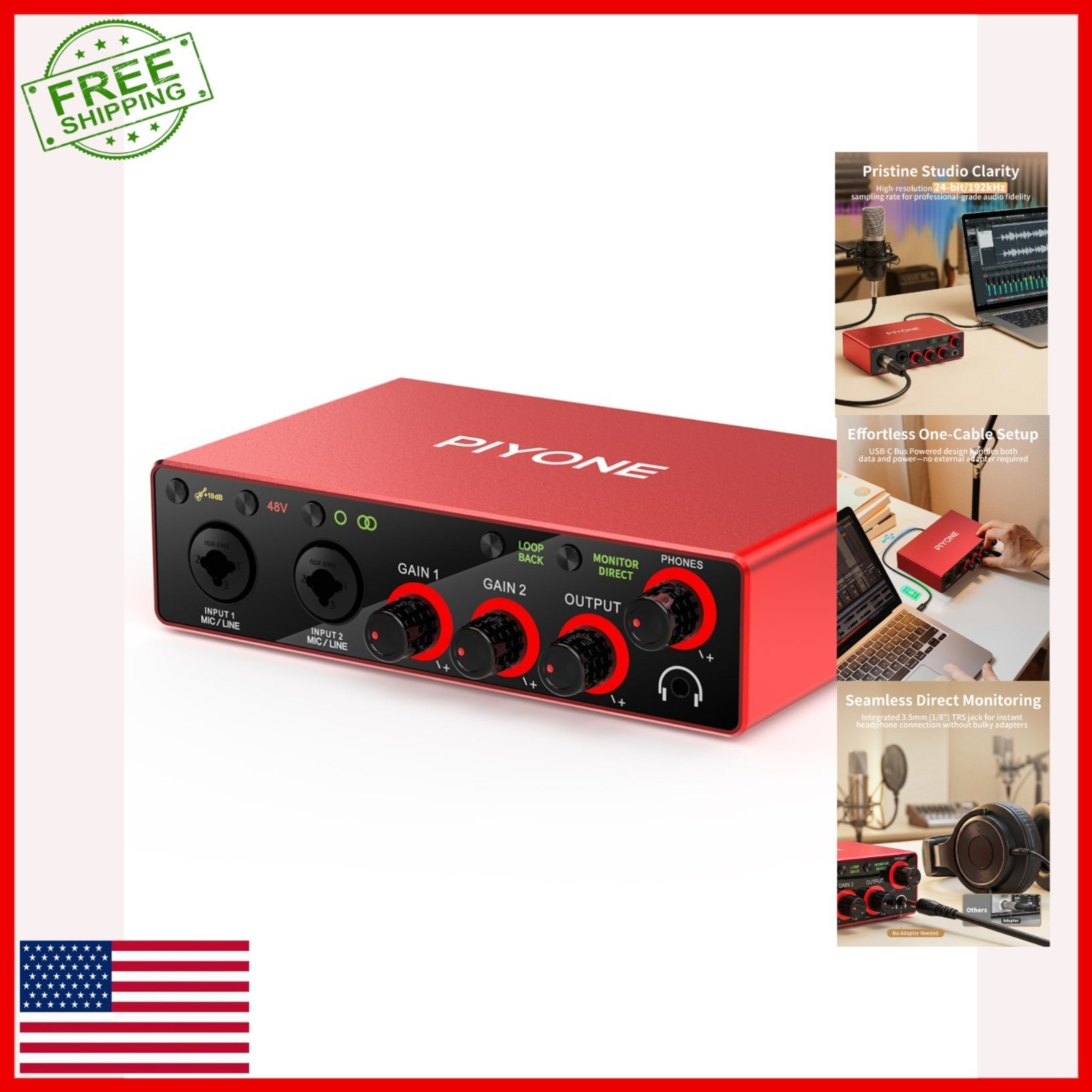 Piyone 2X2 USB Audio Interface 24-bit/192kHz for PC/Mac/iOS Recording