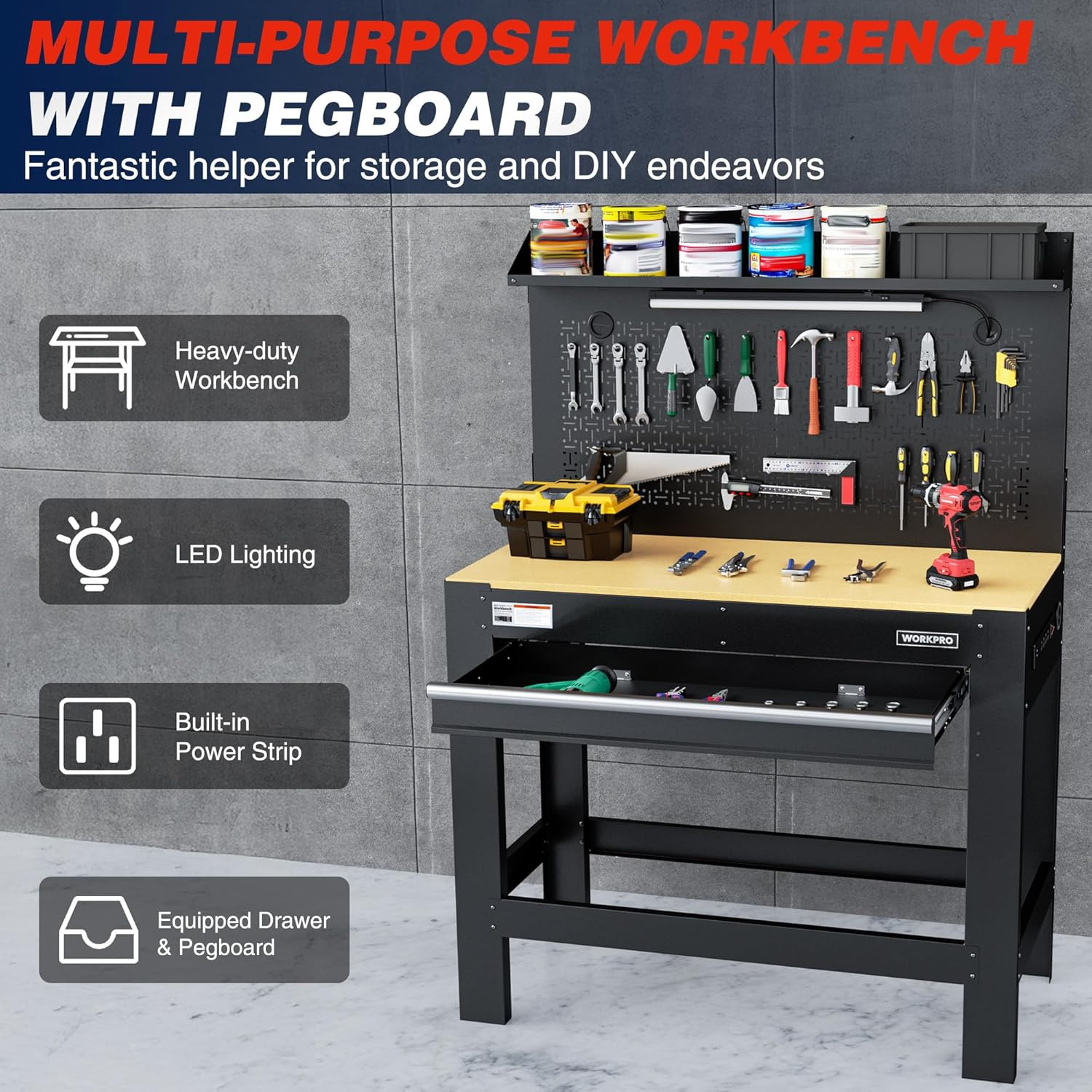 WORKPRO 45" Garage Workbench with Storage, Heavy-Duty Workbench with Pegboard, P