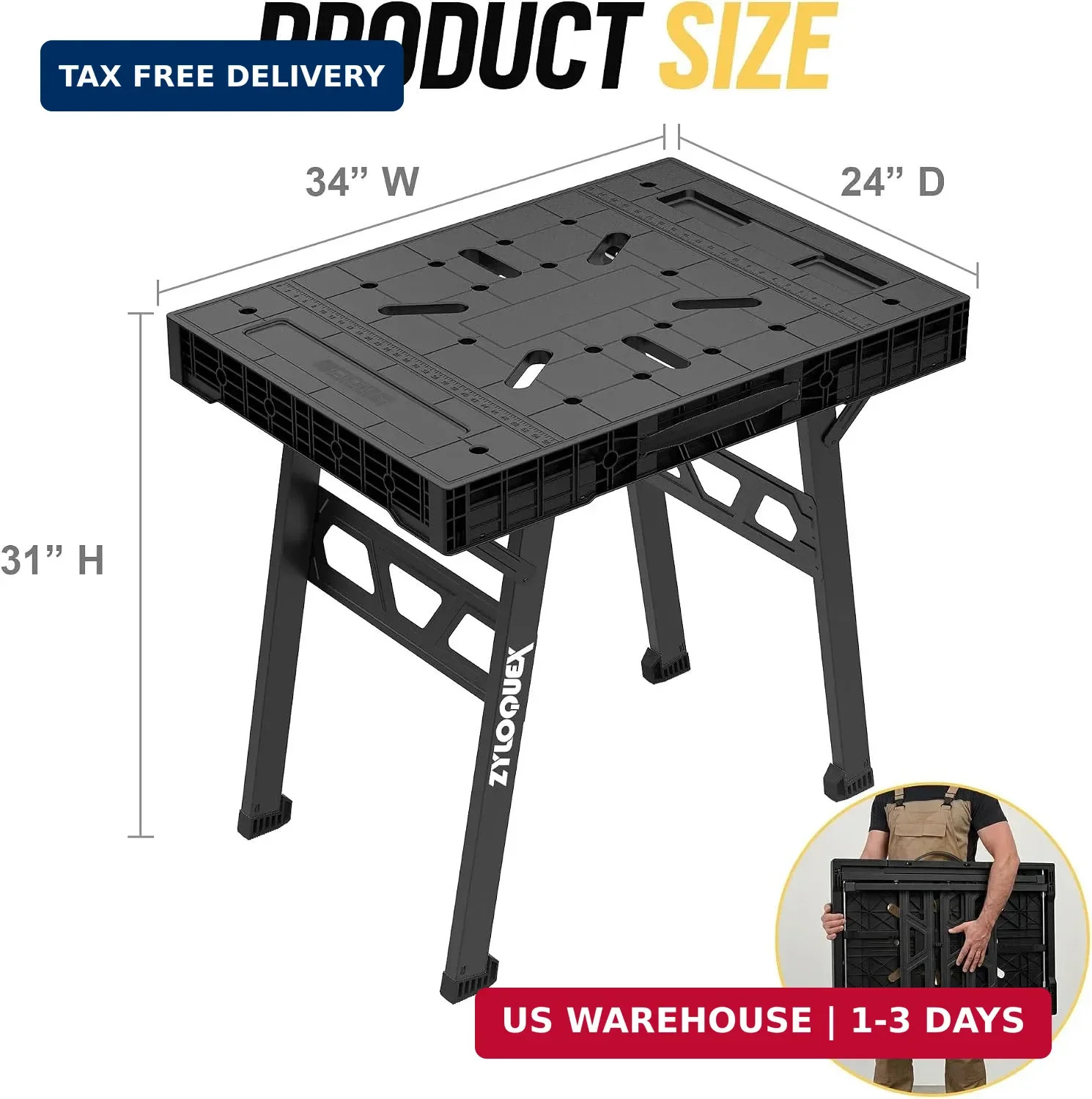 Foldable Work Bench, Portable Work Table, 34"x25"x31", for Garage | 1650lbs Capa