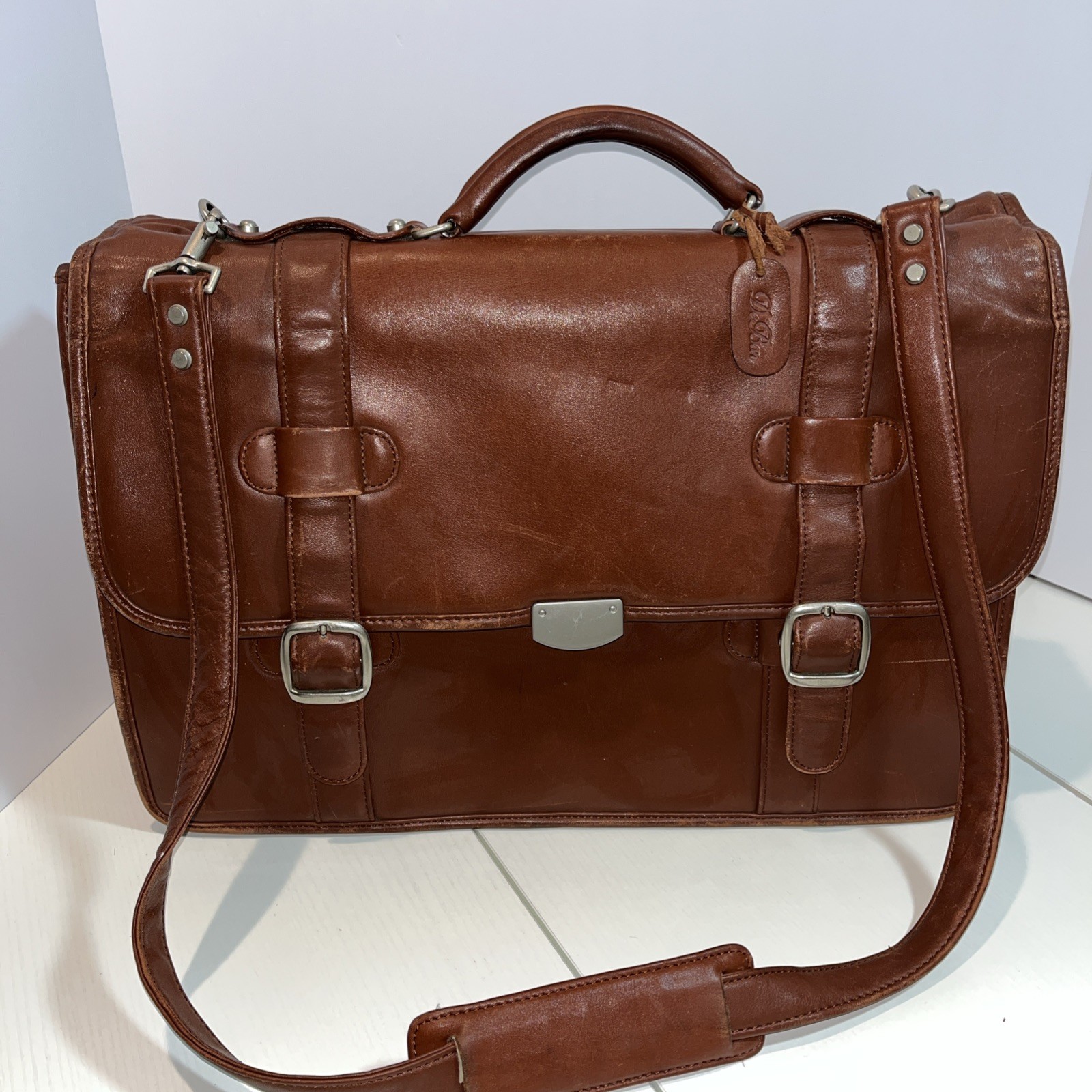 De Bon Brown Leather Computer Case or Brief Case with Shoulder Strap READ