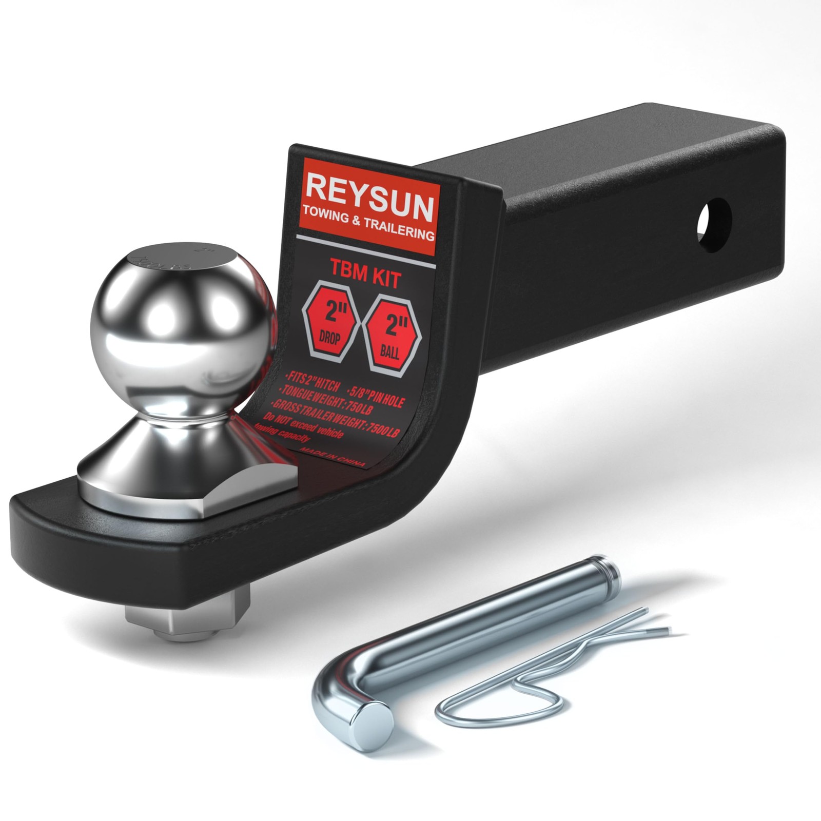 REYSUN 2-inch Drop Trailer Hitch Ball Mount Kit - Chrome with pin, Black