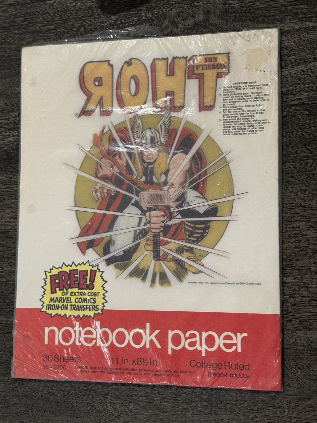 Vintage THE MIGHTY THOR Original Notebook Paper Iron On Transfer Sealed 1975