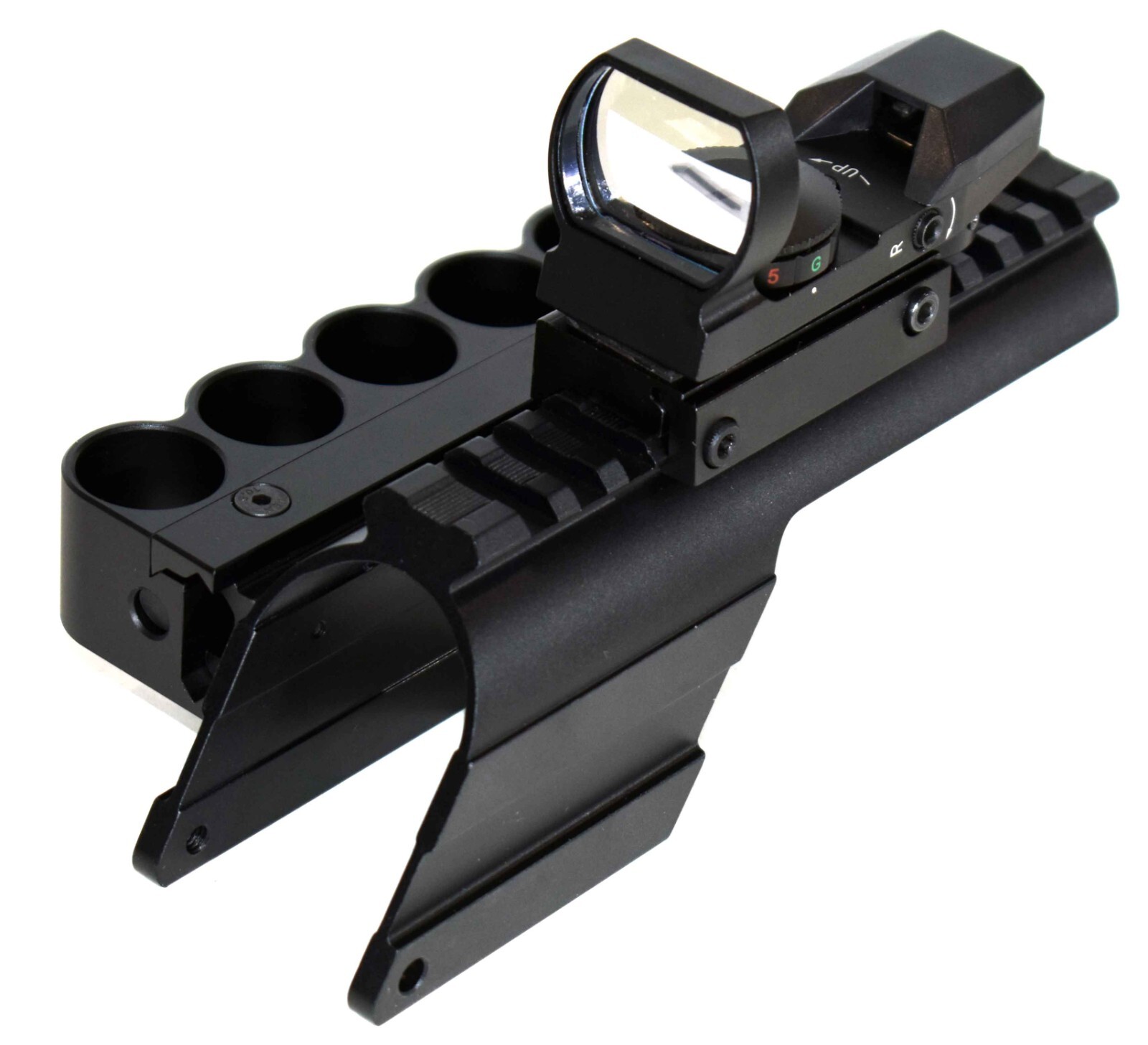 Reflex sight shell holder saddle mount combo for Mossberg maverick 88 12 gauge.