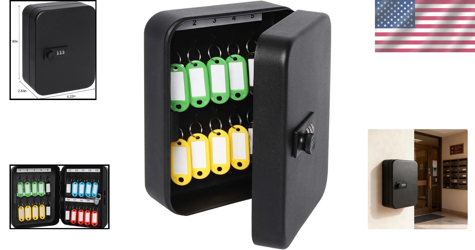 Key Box with Combination Lock Wall Mount Secure Key Organizer 20 Hooks