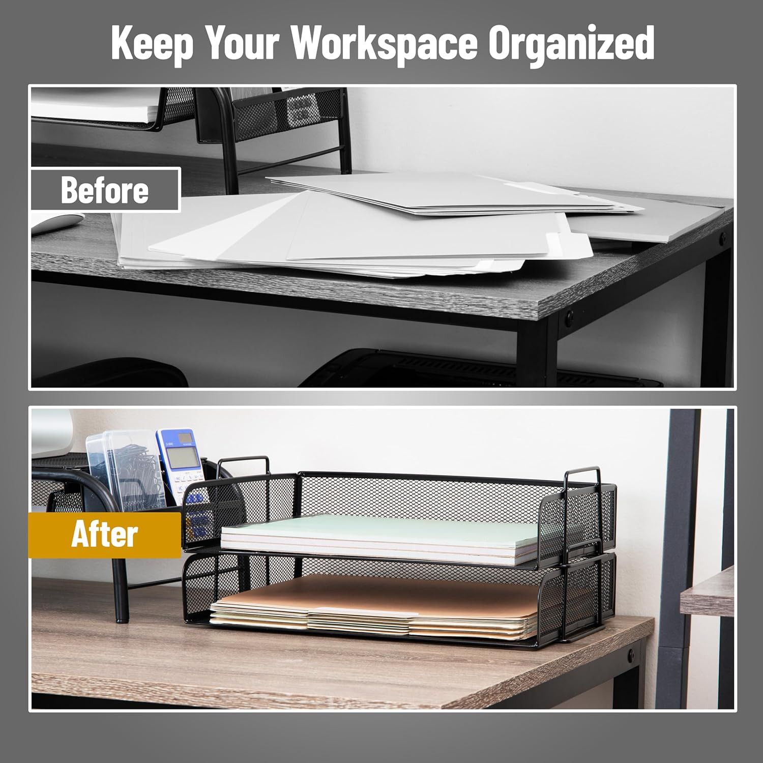 Stackable Paper Tray, Desktop Organizer, File Storage, Office, Metal Mesh, 2 Pcs