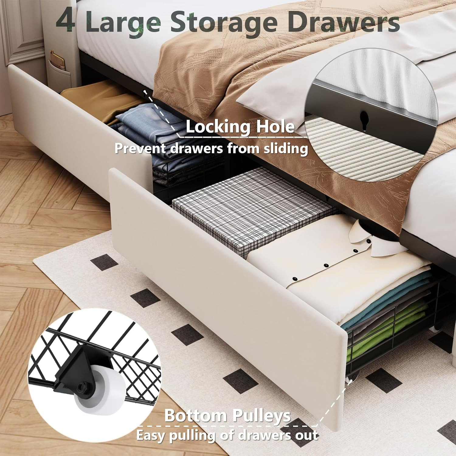 Full Bed Frame with 4 Drawers and Storage Headboard, Upholstered Platform Bed Fr