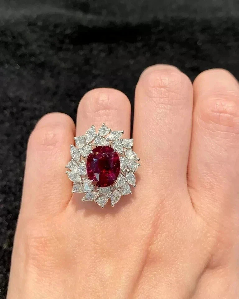 7.32 Ct Oval Cut Certified Natural Ruby & Diamond Engagement Ring 14K White Gold