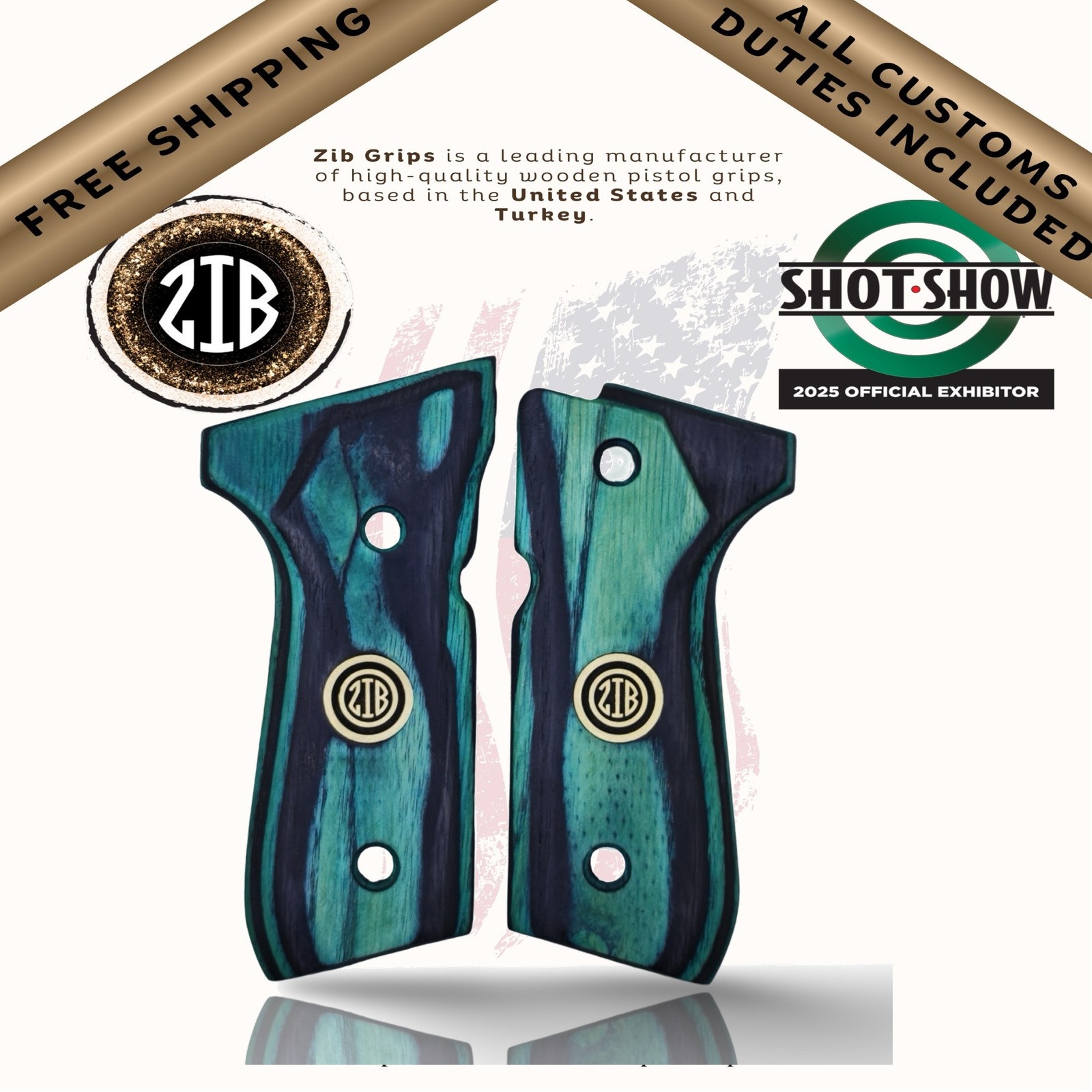 Zib Grips Laminated Wooden Series Pistol Grips Fits Beretta® F92, Metal Logo