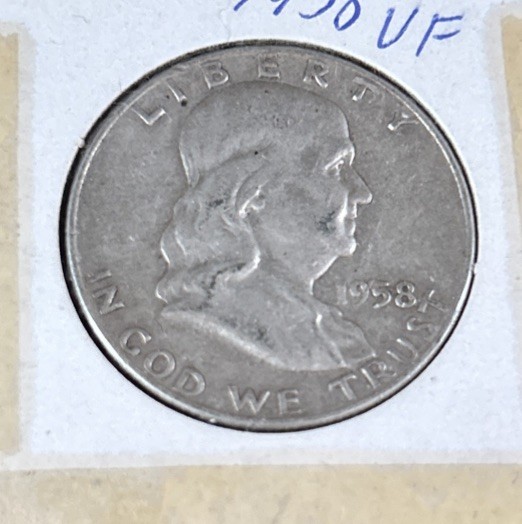 1958 D US 50C Benjamin Franklin Half Dollar 90% Silver Coin Circulated