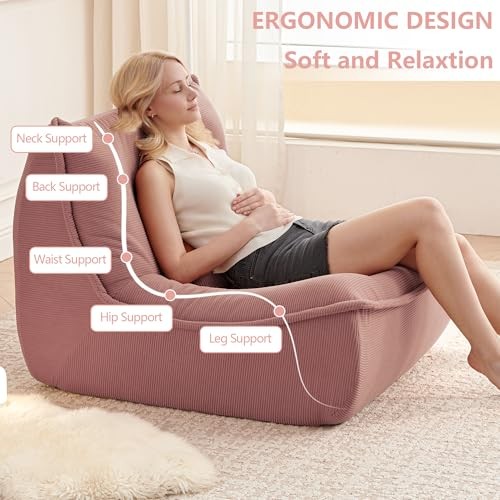 Bean Bag Chair for Adults, Single Lounge Chair with Lumbar Pillow, Comfy Pink