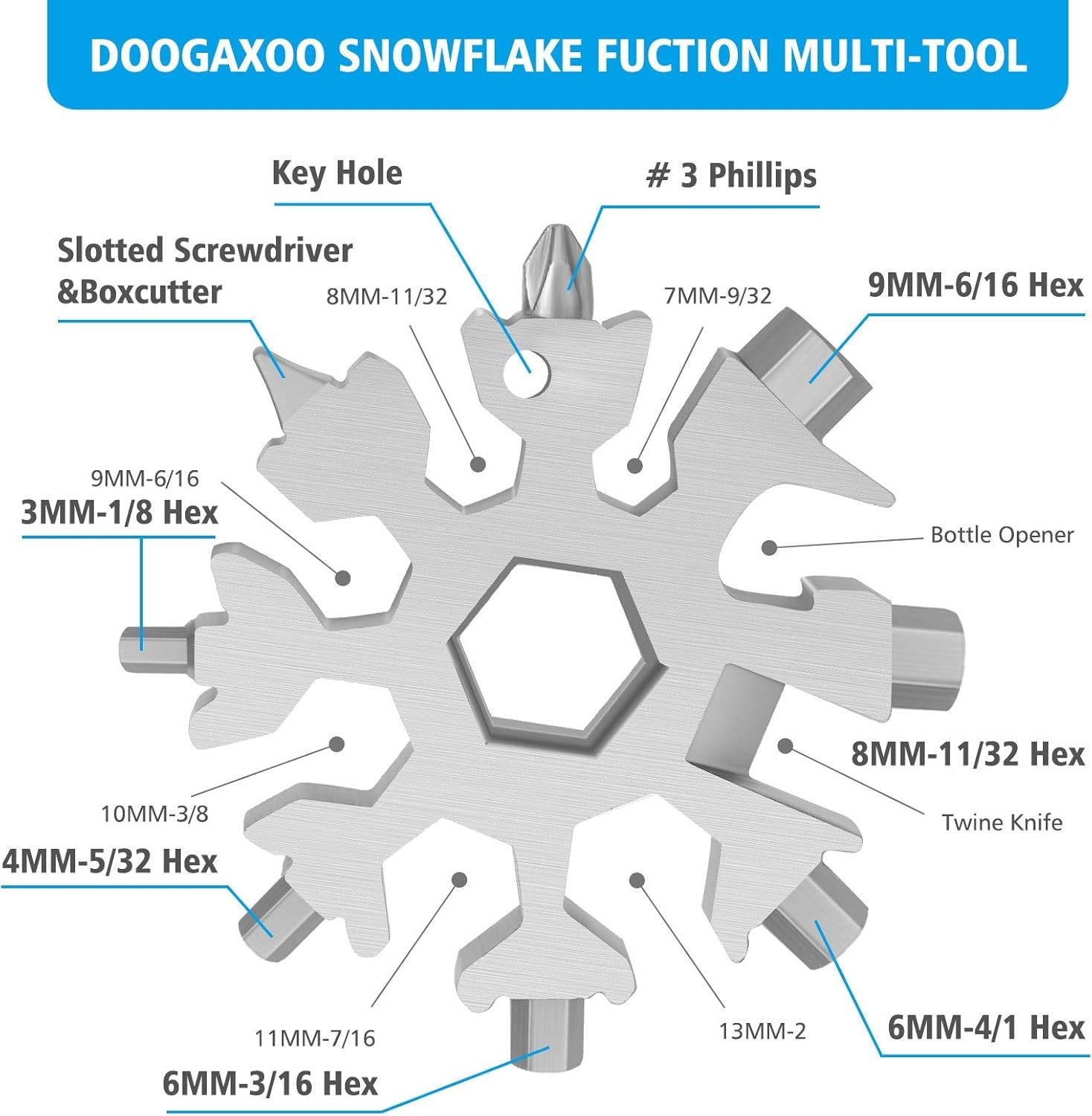 DOOGAXOO 18-in-1 Snowflake Multi Tool,Function Stainless Steel Sliver, Sliver