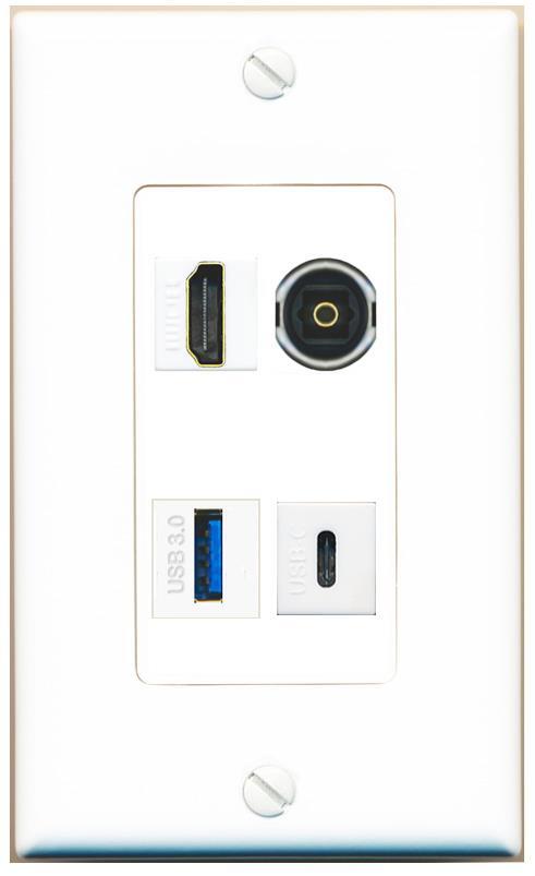 [4 Ports] HD TOSLINK USB-3 USBC Wall Plate DecorZ White