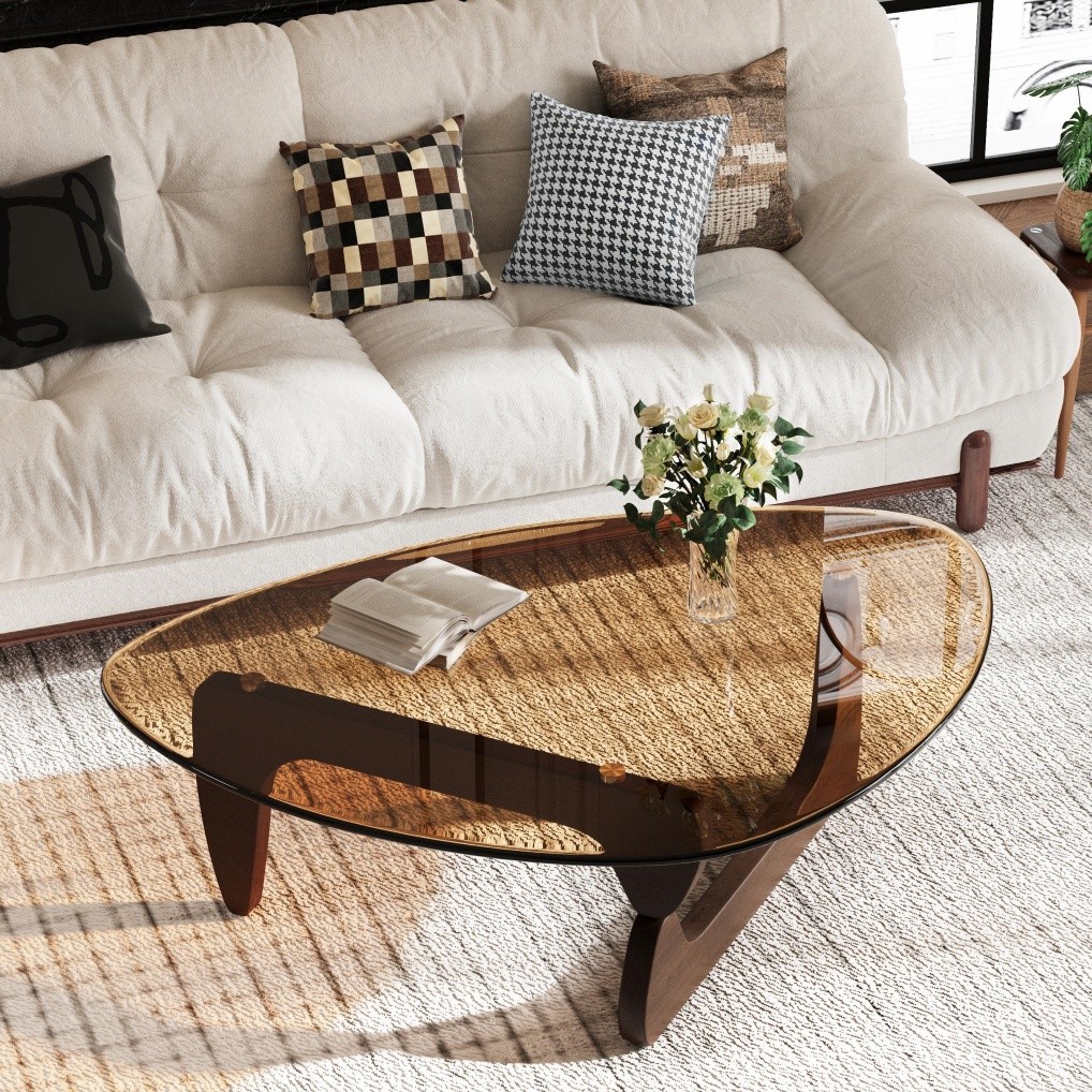 Noguchi Coffee Table Triangle Glass Top Premium Solid Hardwood Base Dark Walnut