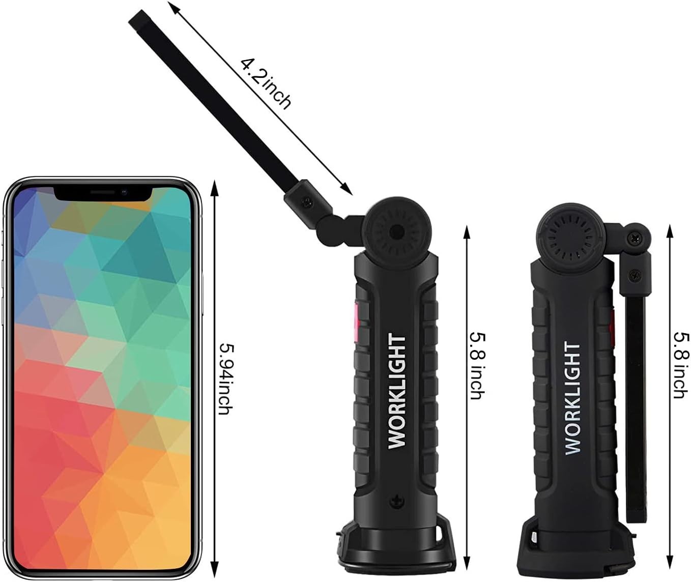Rechargeable LED Work Light Magnetic Foldable Flashlight with Hook 5 Modes