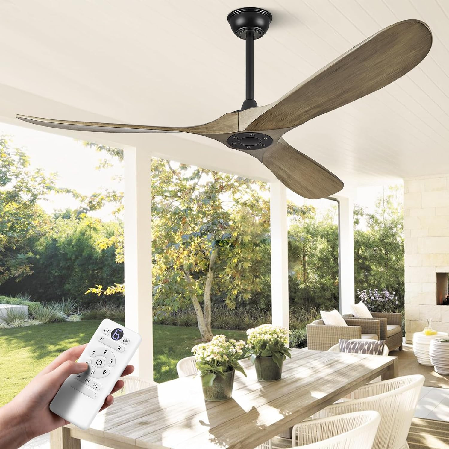 60" Ceiling Fan without Light - 60 Inch Propeller Solid Wood Blades Bronze Gray