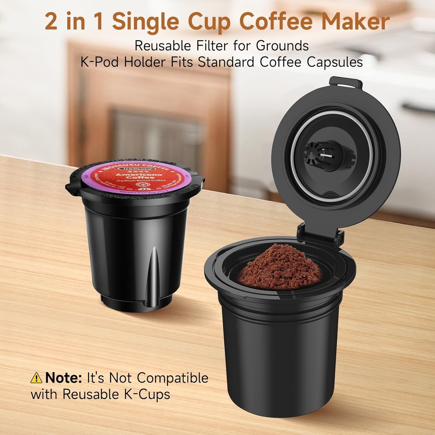 "Small Single Serve Coffee Maker, K-Cup & Grounds, 6-12oz, Black"