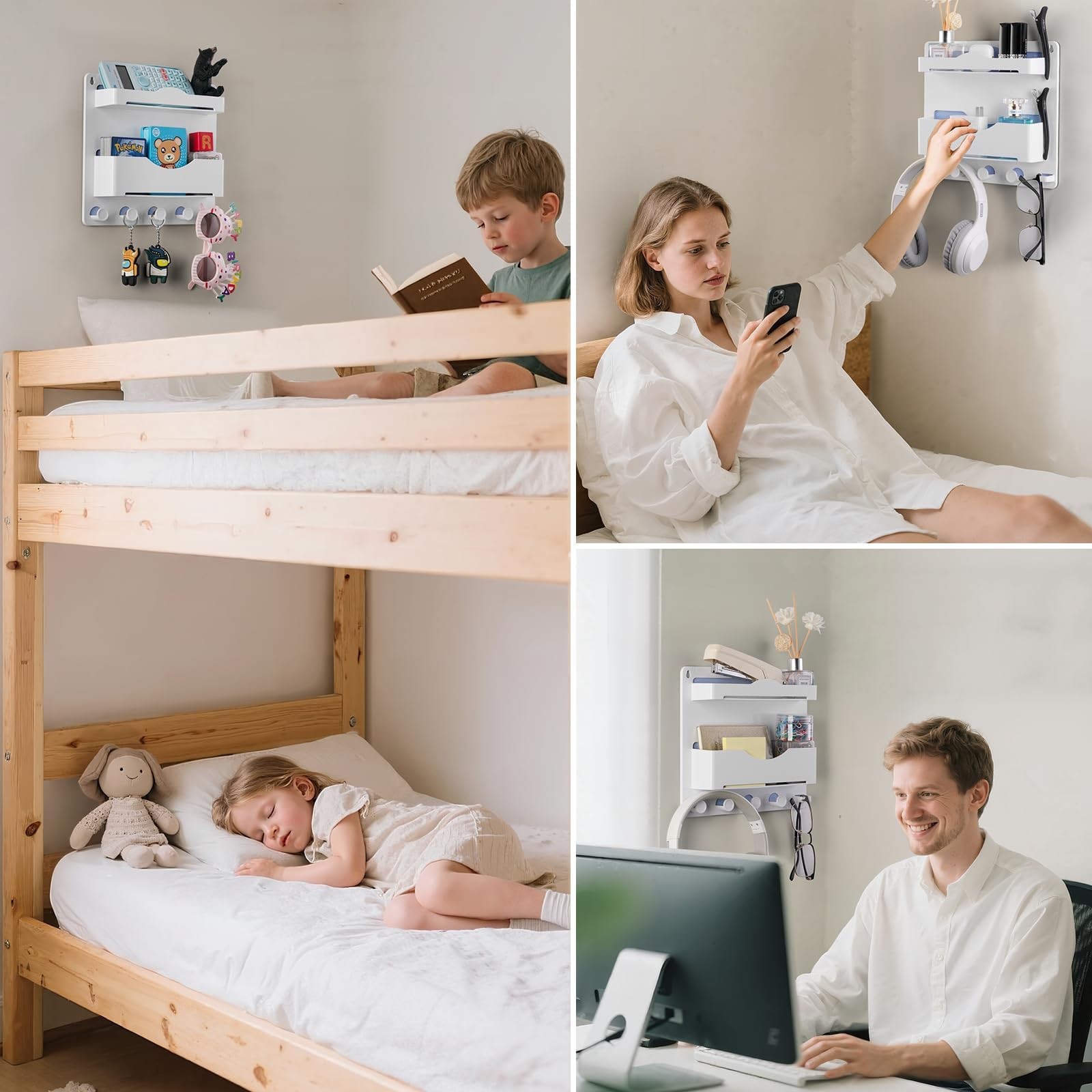 Bedside Wall Shelf with Glasses Hooks, Adhesive Bedside Organizer Wall Mount ...