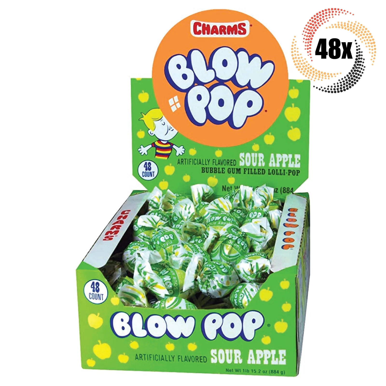 Full Box 48x Pops Charms Sour Apple Blow Pop Bubble Gum Filled Lollipops - .65oz