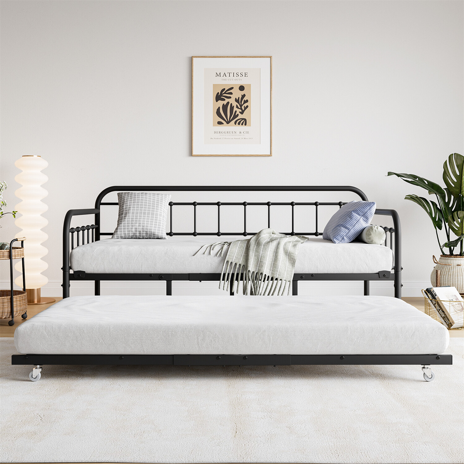 Twin Size Metal Daybed Bed Frame Sofa Bed with Pull Out Trundle Bed Black US