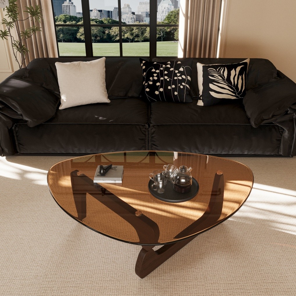 Noguchi Coffee Table Triangle Glass Top Premium Solid Hardwood Base Dark Walnut