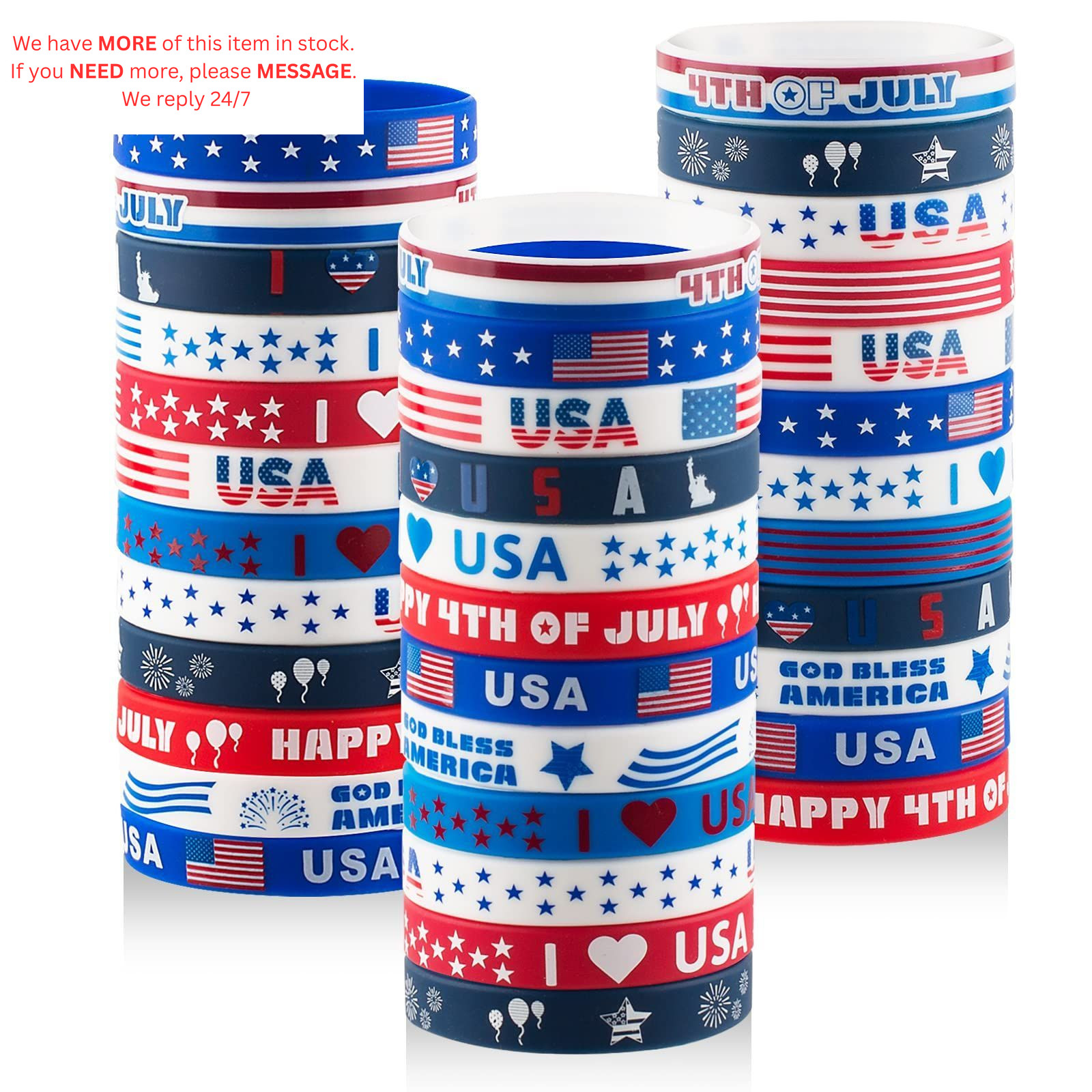 250th Anniversary 36pcs 4th of July Rubber Bracelets one size, Red, White, Blue