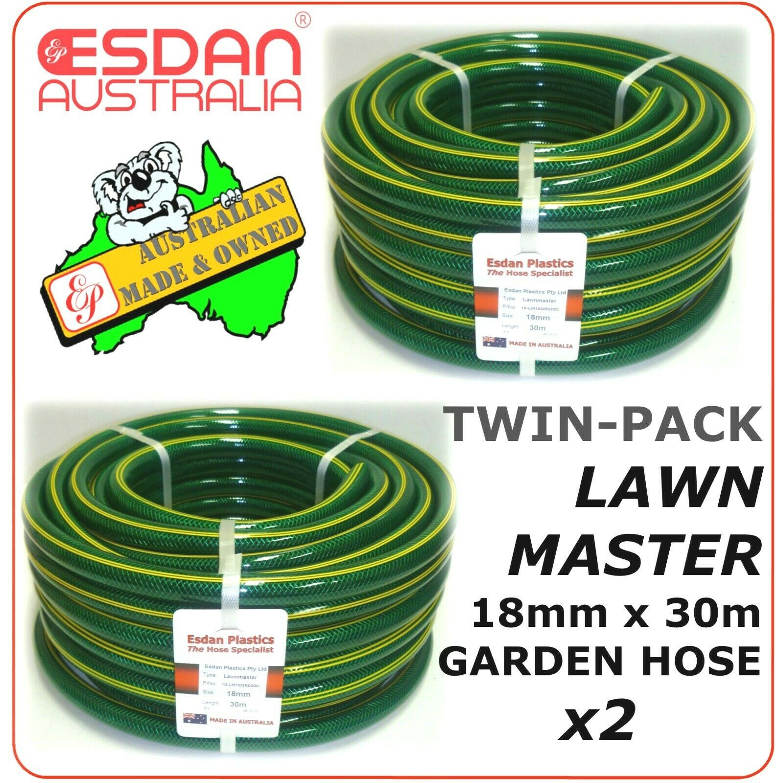 GARDEN WATERING HOSE 18mm 3/4" x 30m LAWN PIPE GRASS AUSTRALIAN ESDAN UV x2