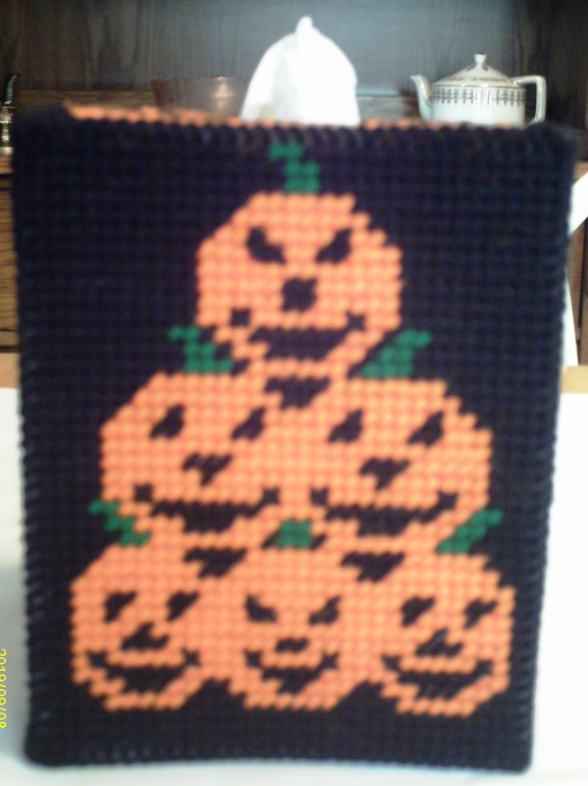 "Stacked Pumpkins" Tissue Box Cover (Plastic & Yarn) Finished