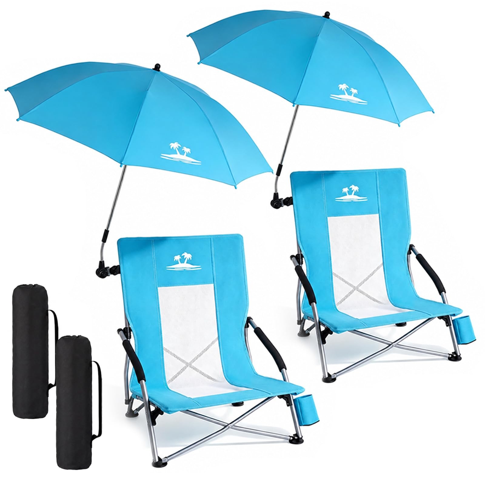 Folding Beach Chair for Adults with UPF 50+ Umbrella, Lightweight Low Beach C...