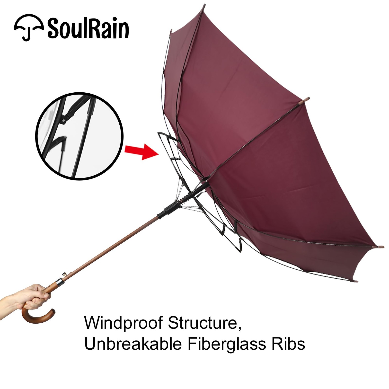 48" Umbrella Windproof Stick Umbrella for Rain, Automatic Open Wooden Handle