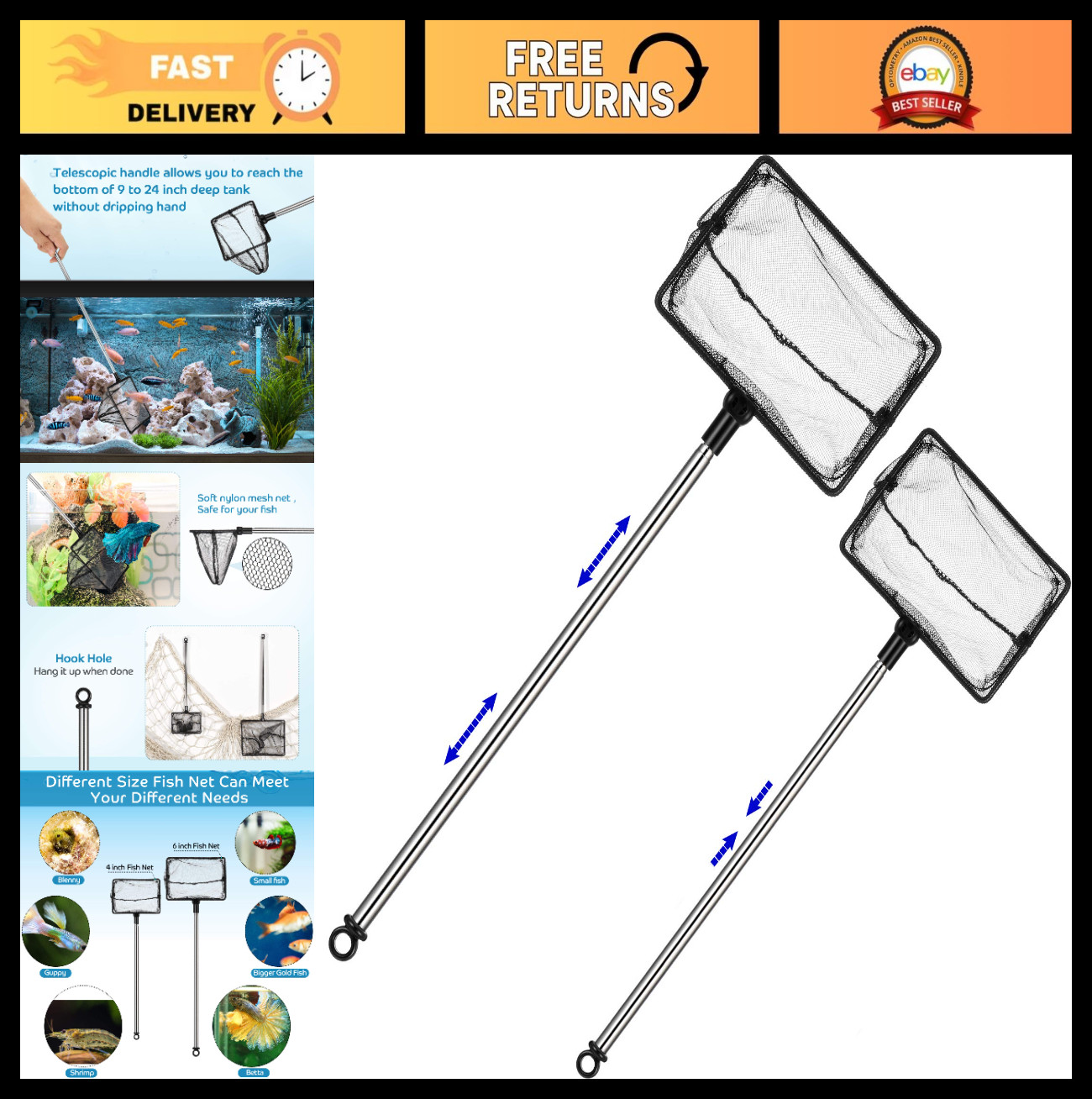 2 Pack Fish Tank Net with Long Handle, Extendable 12.5-27.5 Inch, Stainless Stee